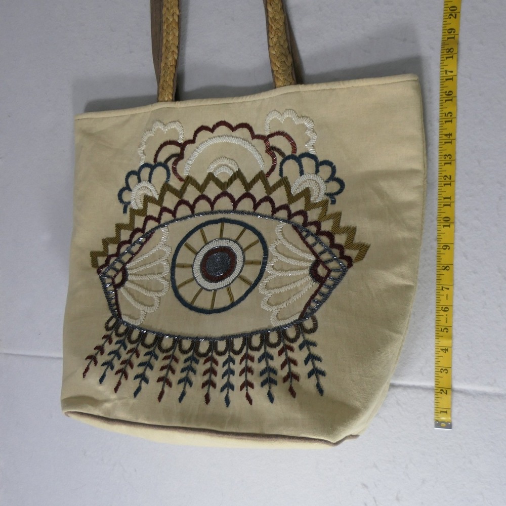 Lovestitch‎ Womens Tote Bag Evil Eye Beaded Embroidered OS Natural Boho DR-9175